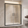 Matte black semi frameless centre opening sliding shower screen installed wall to wall in a marble bathroom