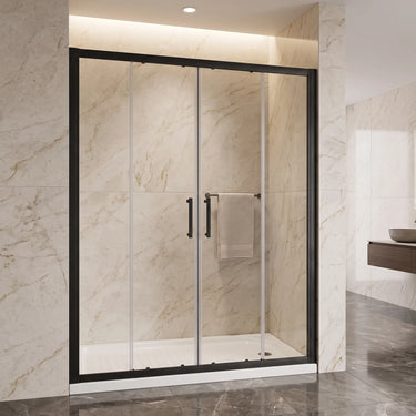 Matte black semi frameless centre opening sliding shower screen installed wall to wall in a marble bathroom