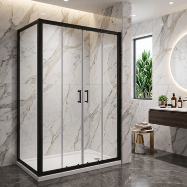 Matte black semi frameless corner shower screen with centre opening sliding doors and return panel in a marble bathroom