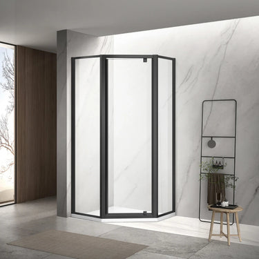 Matte black semi frameless diamond shower screen with pivot door in a corner shower