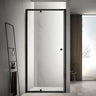 Matte Black semi frameless wall to wall shower screen with 6mm clear glass pivot door between two tiled walls