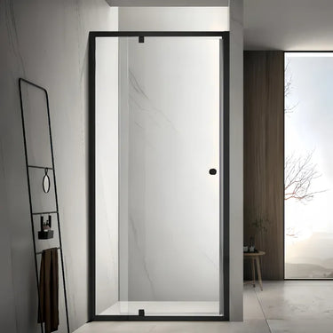 Matte Black semi frameless wall to wall shower screen with 6mm clear glass pivot door between two tiled walls