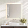 Mercio Luna 750x750mm square frameless backlit LED mirror in a bathroom above a round basin