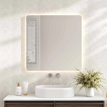 Mercio Luna 750x750mm square frameless backlit LED mirror in a bathroom above a round basin