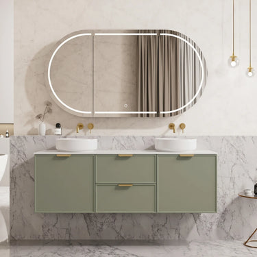 Miami 1500mm double bowl olive green Hampton wall hung vanity with two above counter basins and gold tapware