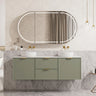 Miami 1500mm double bowl olive green Hampton wall hung vanity with two above counter basins and gold tapware
