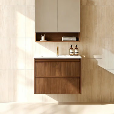 Ridgewood Timber Look Walnut Mocka Oak 600mm Wall Hung Plywood Two Drawers Vanity Carrara Stone Top
