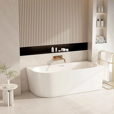 Nova 1400mm right corner bath in gloss white with ultra-thin edge, installed against a tiled bathroom wall