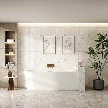 Nova 1500mm right corner bath in gloss white with ultra-thin edge, installed against a tiled bathroom wall