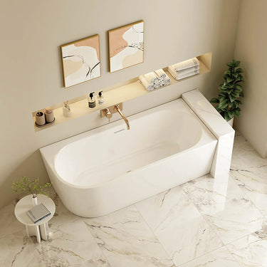 Nova 1700mm right corner bath in gloss white with ultra-thin edge, installed against a tiled bathroom wall