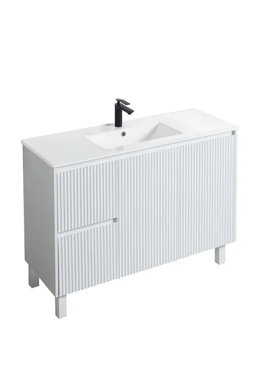 Fluted Freestanding Vanity Brighton 1200mm Matte White Single Bowl PVC Waterproof Carrara Dimond Sintered Top 50mm