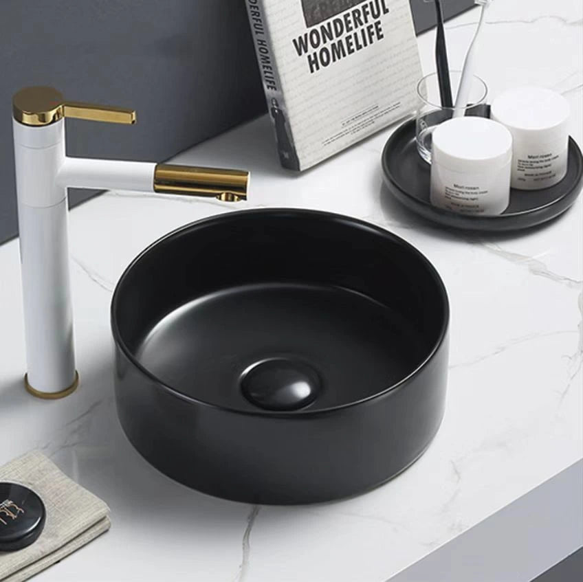 Olley Fine Ceramic 300mm Round Above Counter Matte Black Basin - RJ Bathroom