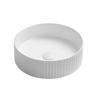 Olley Fluted 400mm matte white round countertop basin with vertical fluted outer wall