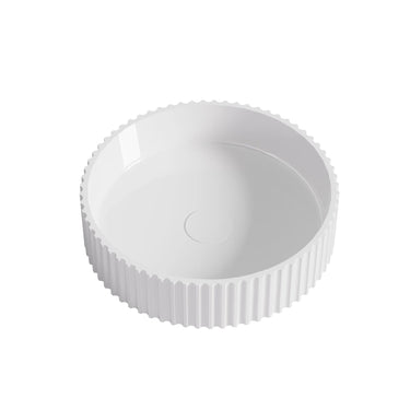 Olley Fluted 400mm solid surface stone round above counter basin in gloss white