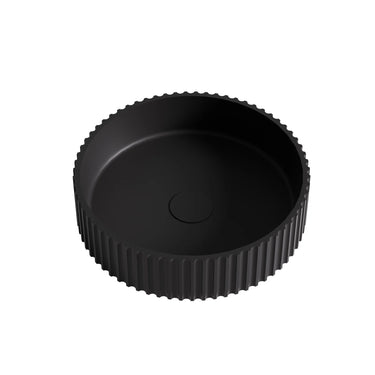 Olley Fluted 400mm solid surface stone round above counter basin in matte black
