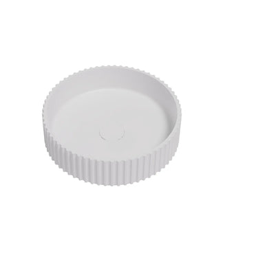 Olley Fluted 400mm solid surface stone round above counter basin in matte white