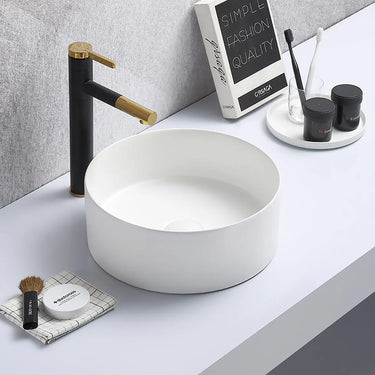 Olley 395mm round above counter basin in matte white on a bathroom vanity top