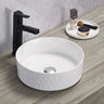 Ollia Diamond 360mm round above counter basin in gloss white with diamond textured outer wall on a timber vanity