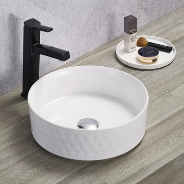 Ollia Diamond 360mm round above counter basin in gloss white with diamond textured outer wall on a timber vanity