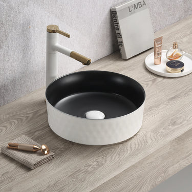Ollia Diamond 360mm round above counter basin, matte white textured exterior with matte black bowl
