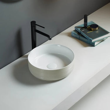 Ollia 345mm round above counter basin with gloss white bowl and clay line textured exterior