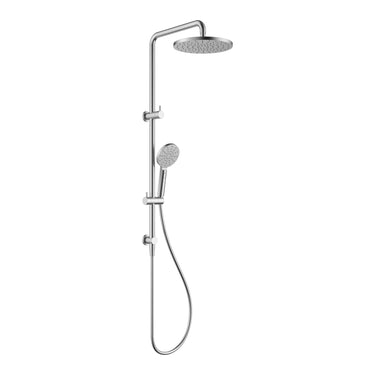 Otus Stainless Steel twin shower rail set with 250mm round overhead and three-function hand shower