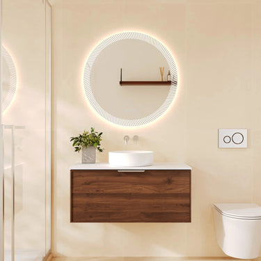 Paris Timber Look Walnut Woodmatt 900mm wall hung vanity with brushed nickel curved lip pull handle - RJ Bathroom