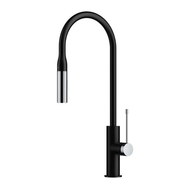 Aziz Matte Black & Chrome Pull-Out Kitchen Sink Mixer, front view