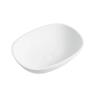 Perry 550mm solid surface stone above counter basin in matte white with rounded oval shape
