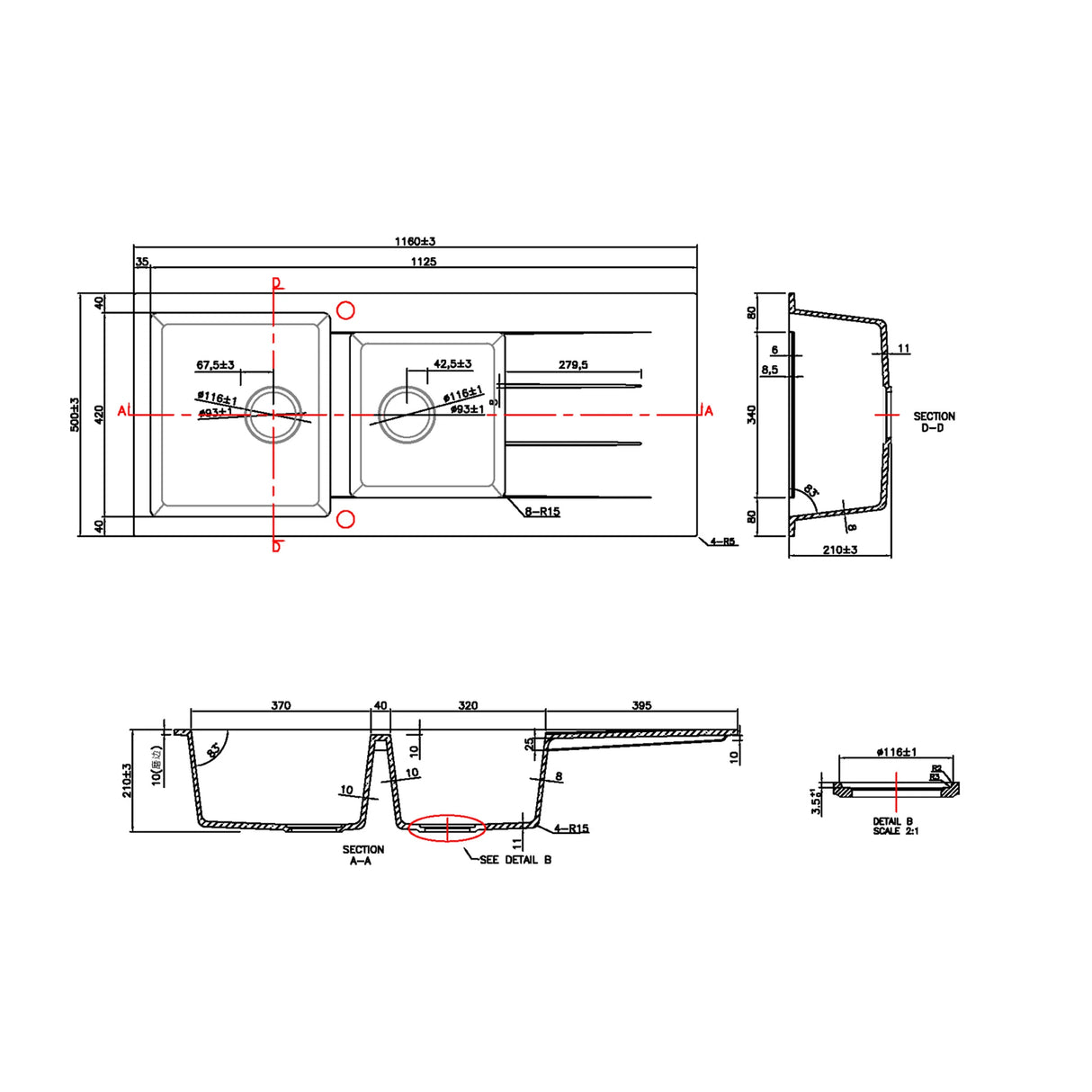 Cora Granite One and Half Bowl with Drainer Kitchen Sink 1160x500x210mm Black