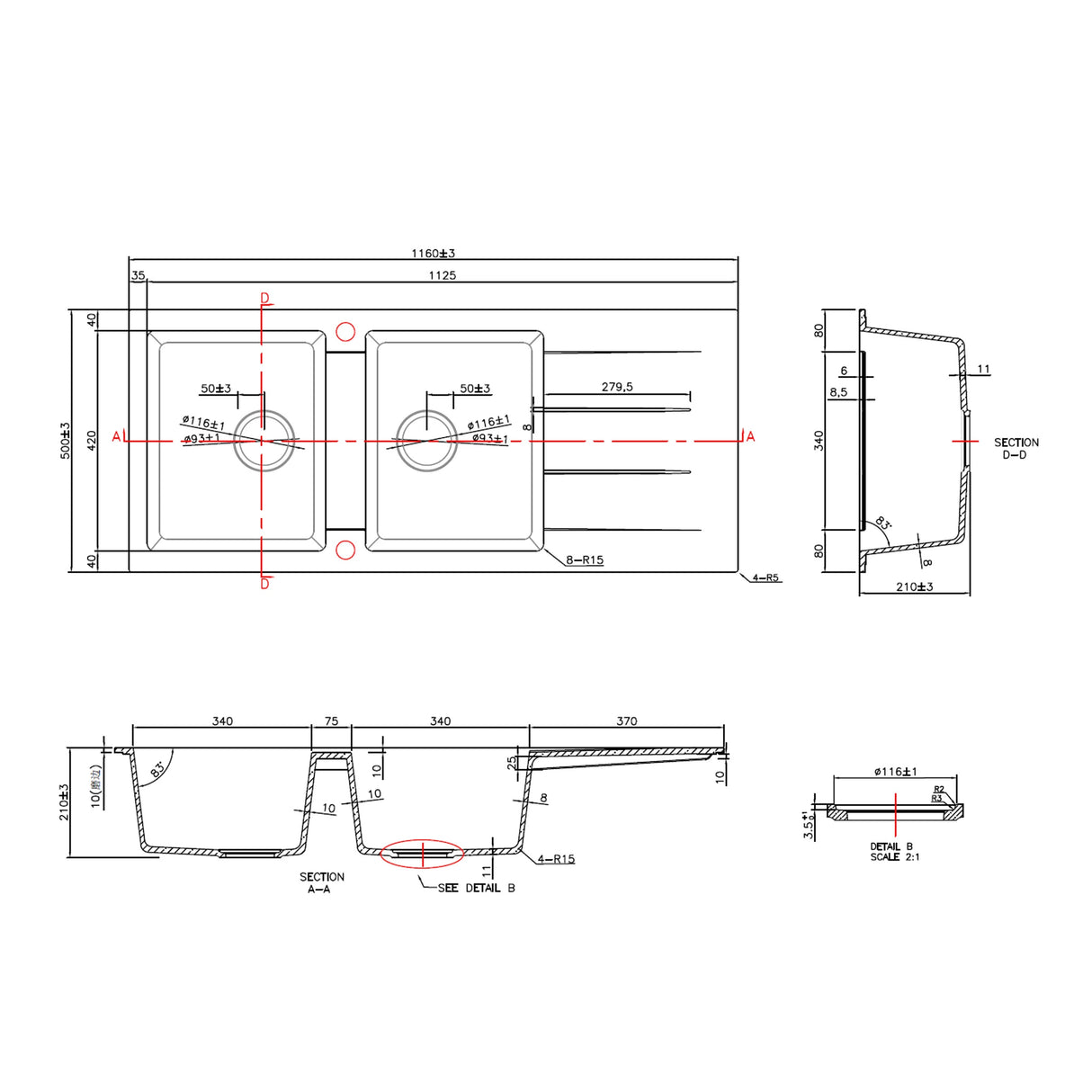 Cora Granite Double Bowl with Drainer Kitchen Sink 1160x500x210mm Black
