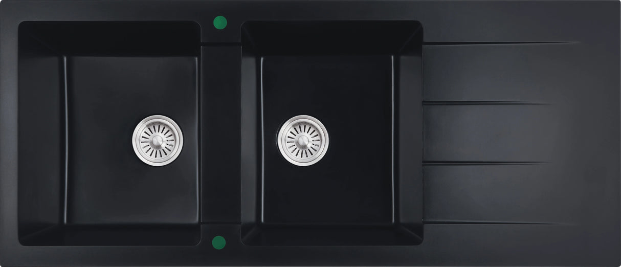 Cora Granite Double Bowl with Drainer Kitchen Sink 1160x500x210mm Black