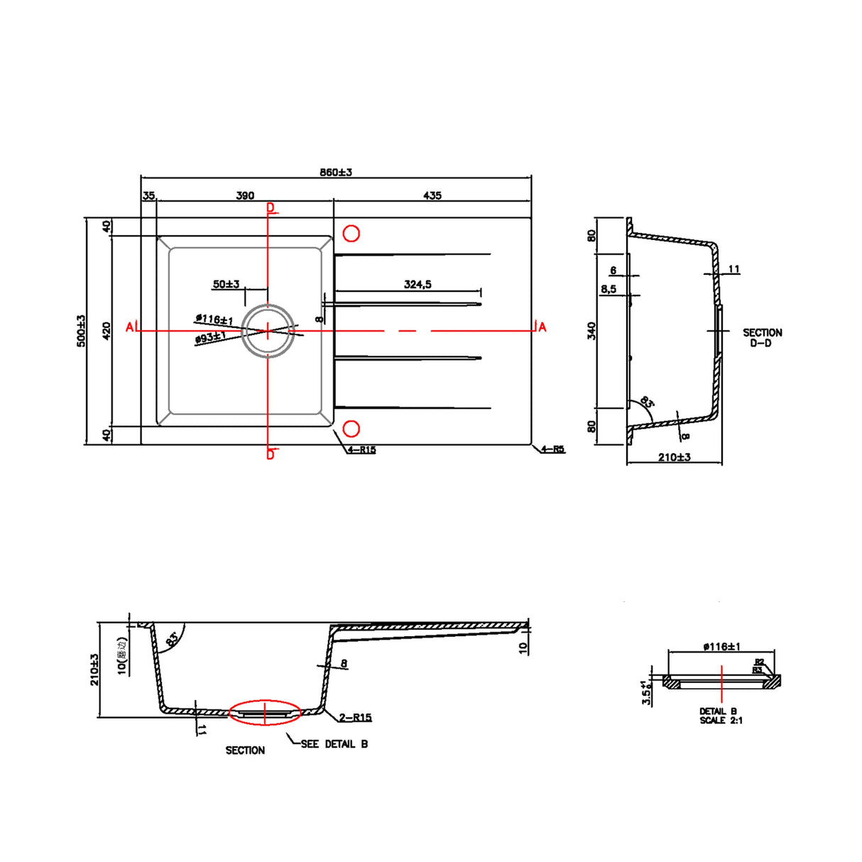 Cora Granite Single Bowl with Drainer Kitchen Sink 860x500x210mm Black
