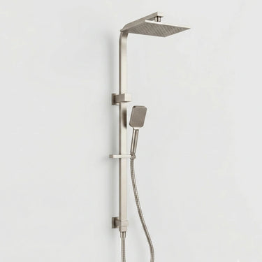 Aquaperla brushed nickel square twin shower rail set with overhead shower and 3 function hand shower