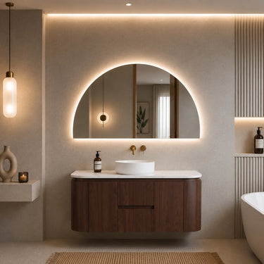 Ravello 1200mm curved timber wall hung vanity in Walnut Mocha Oak single bowl styled in a modern Australian bathroom - RJ Bathroom
