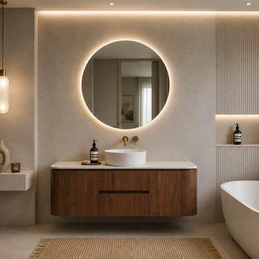 Ravello 1500mm curved timber wall hung vanity in Walnut Mocha Oak single bowl styled in a modern Australian bathroom - RJ Bathroom