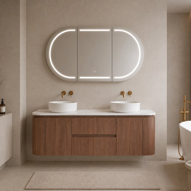 Ravello 1500mm curved timber wall hung vanity in Walnut Mocha Oak double bowl styled in a modern Australian bathroom - RJ Bathroom