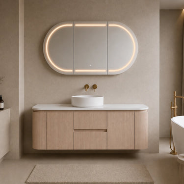 Ravello 1200mm curved timber wall hung vanity in Sandy Oak Woodmatt single bowl styled in a modern Australian bathroom - RJ Bathroom