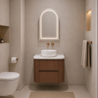 Ravello 750mm curved timber wall hung vanity in Walnut Mocha Oak styled in a modern Australian bathroom - RJ Bathroom