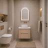 Ravello 750mm curved timber wall hung vanity in Sandy Oak Woodmatt styled in a modern Australian bathroom - RJ Bathroom