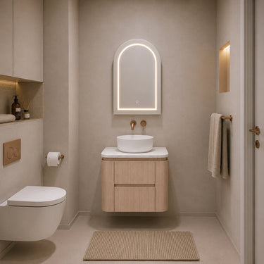 Ravello 750mm curved timber wall hung vanity in Sandy Oak Woodmatt styled in a modern Australian bathroom - RJ Bathroom