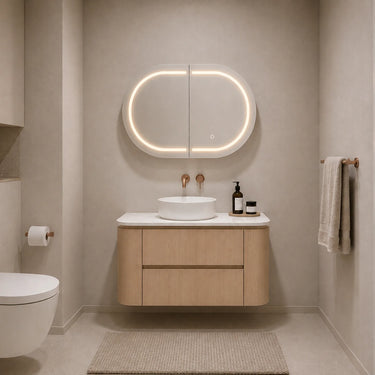 Ravello 900mm curved timber wall hung vanity in Sandy Oak Woodmatt styled in a modern Australian bathroom - RJ Bathroom