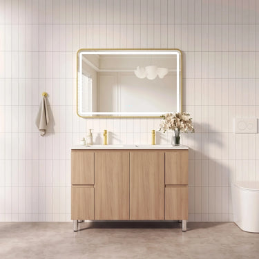 Rita Timber Look Elegant Oak 1200mm Four Drawer Freestanding Double Bowl Vanity on adjustable legs - RJ Bathroom