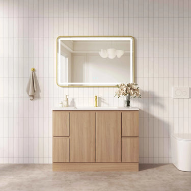 Rita Elegant Oak 1200mm freestanding vanity fitted with the optional kickboard - RJ Bathroom
