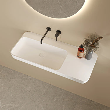 Roccia 900mm solid surface stone wall hung basin in matte white with wall mixer