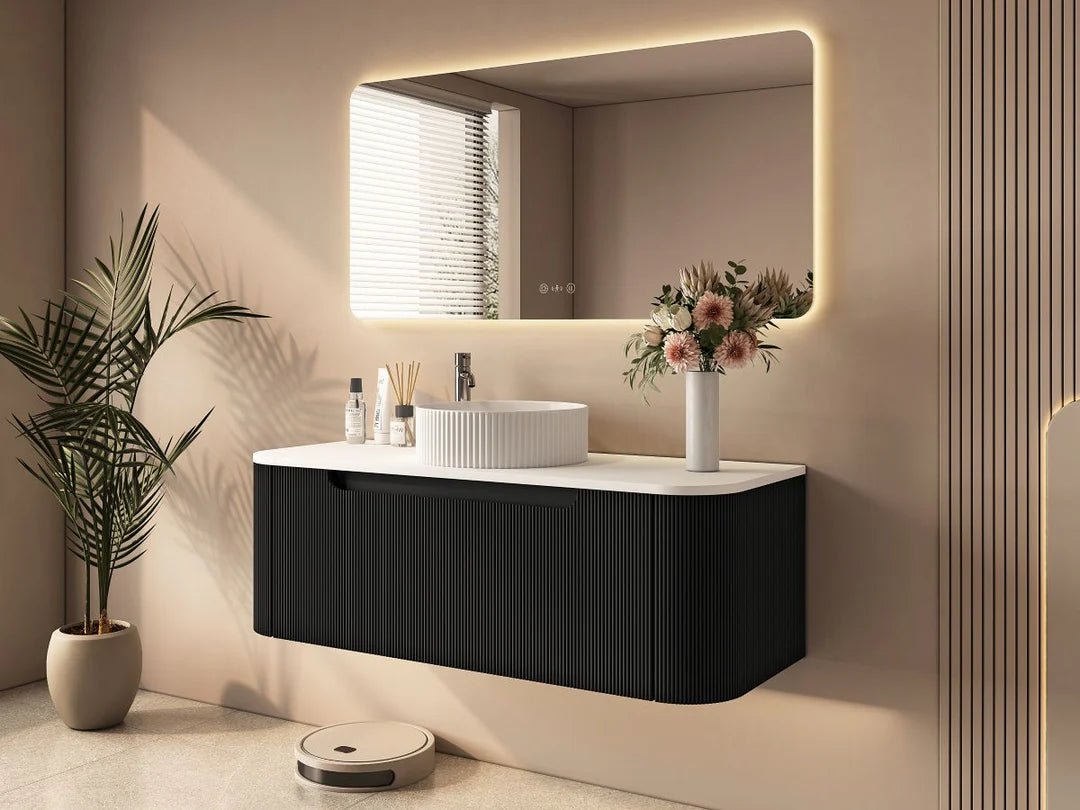 Rome Fluted Curved All Drawer Wall Hung Vanity 1200mm Matte Black - RJ Bathroom