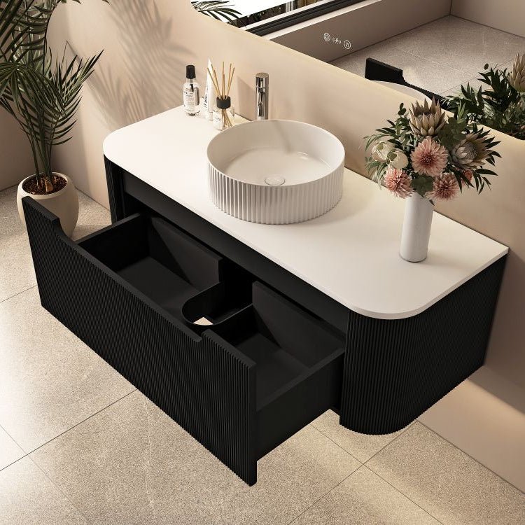 Rome Fluted Curved All Drawer Wall Hung Vanity 1200mm Matte Black - RJ Bathroom