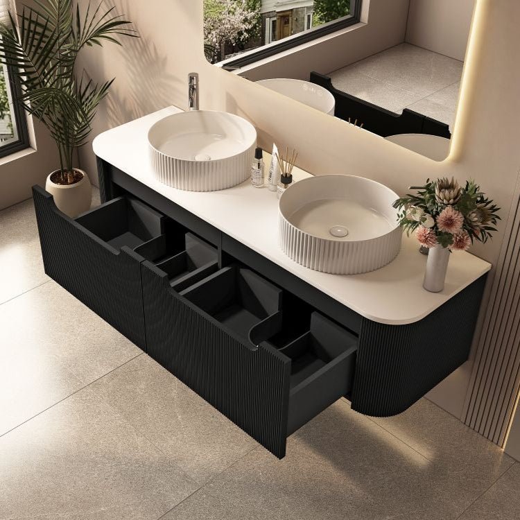 Rome Fluted Curved All Drawer Wall Hung Vanity 1500mm Matte Black - RJ Bathroom