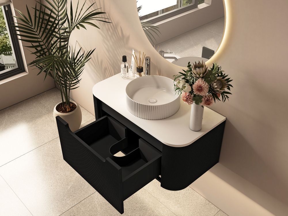 Rome Fluted Curved All Drawer Wall Hung Vanity 750mm Matte Black - RJ Bathroom
