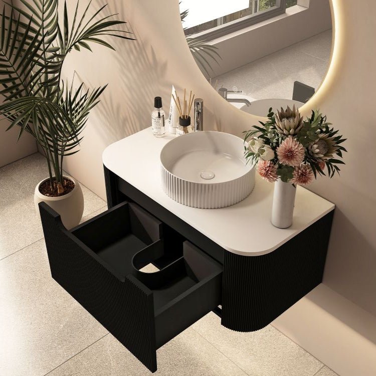 Rome Fluted Curved All Drawer Wall Hung Vanity 900mm Matte Black - RJ Bathroom